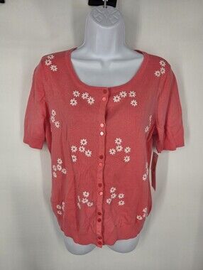 Hampshire Studio Cardigan Sweater Womens M Pink Cotton Blend Daisy Floral NWT